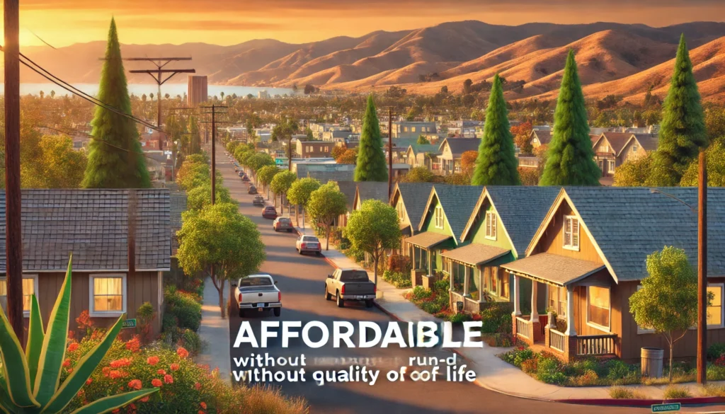DALL·E-2025-03-14-08.15.43-A-scenic-view-of-an-affordable-neighborhood-in-California.-The-image-showcases-a-charming-small-town-setting-with-cozy-houses-tree-lined-streets-and-1024x585 The Most Affordable Places to Live in California: A Complete Guide for 2025